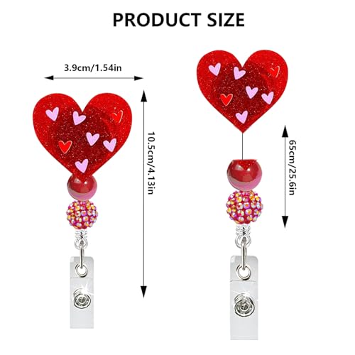 LYLYNB Valentines Badge Reels Retractable Red Heart Name Tag Holder Acrylic Glitter Badge Clip Heart Shape Decoration Badge Reel Valentine Badge Holder for Doctor Nurse Teacher Student Xmas Gift - Image 2