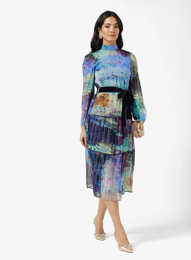 Hope & Ivy High Neck Blouson Sleeve Velvet Belt Midi Dress