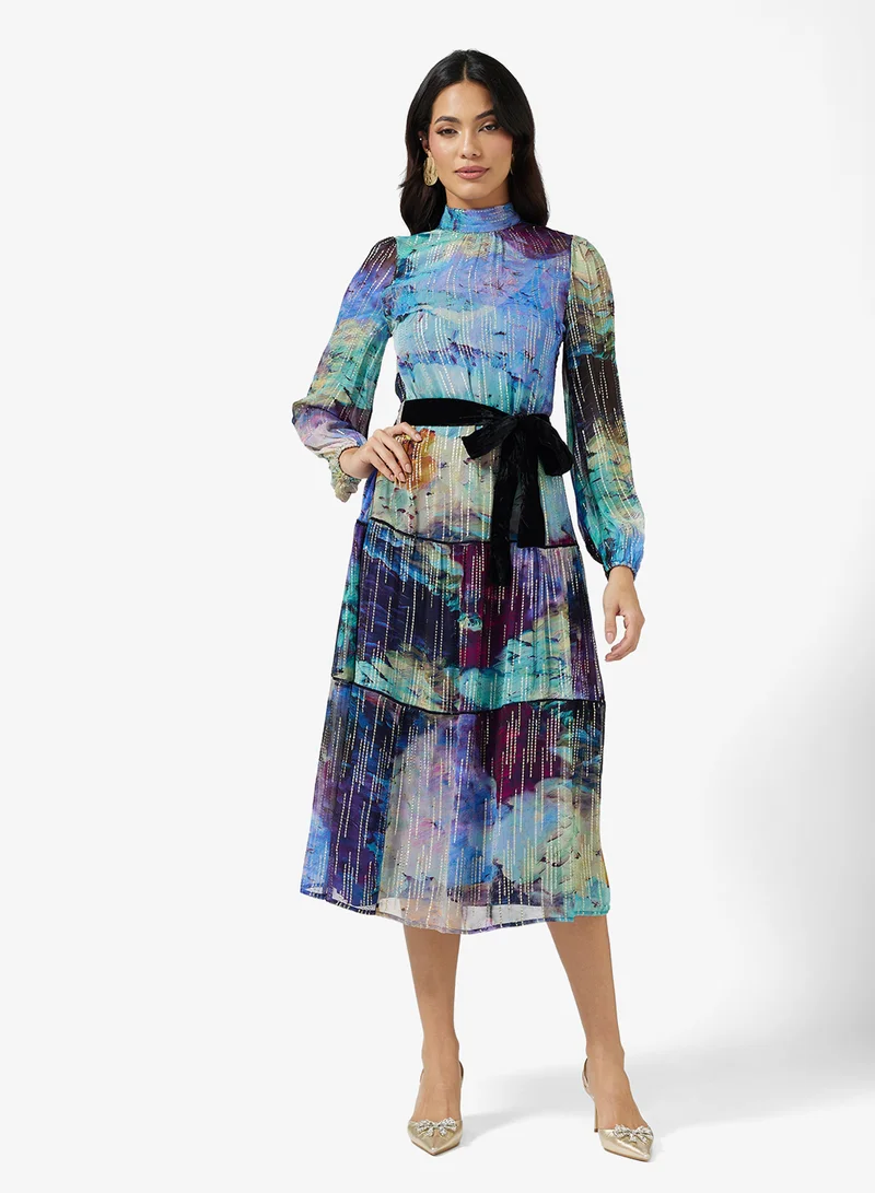 Hope & Ivy High Neck Blouson Sleeve Velvet Belt Midi Dress