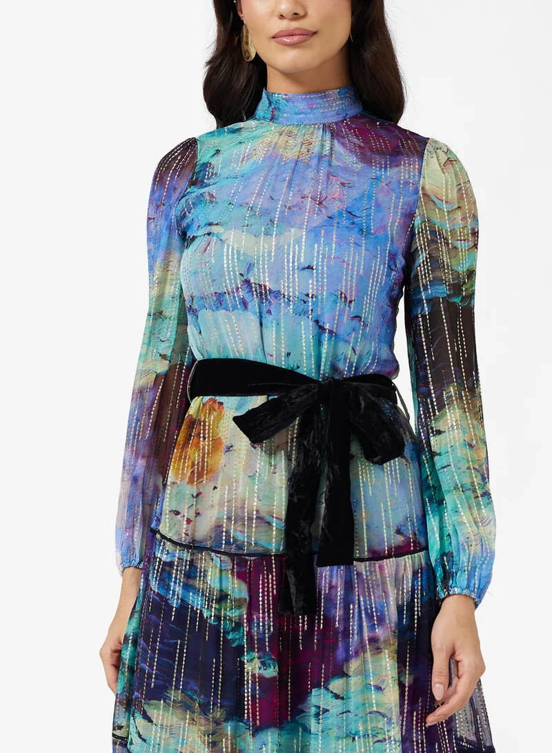 Hope & Ivy High Neck Blouson Sleeve Velvet Belt Midi Dress