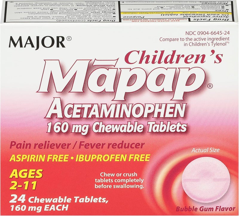 MAJOR Childrens Mapap Acetaminophen 160 mg Chewable Tablets  Pain RelieverFever Reducer  Aspirin Free  Ibuprofen Free  for Ages 2 to 1124 Count 1 Pack - Image 1