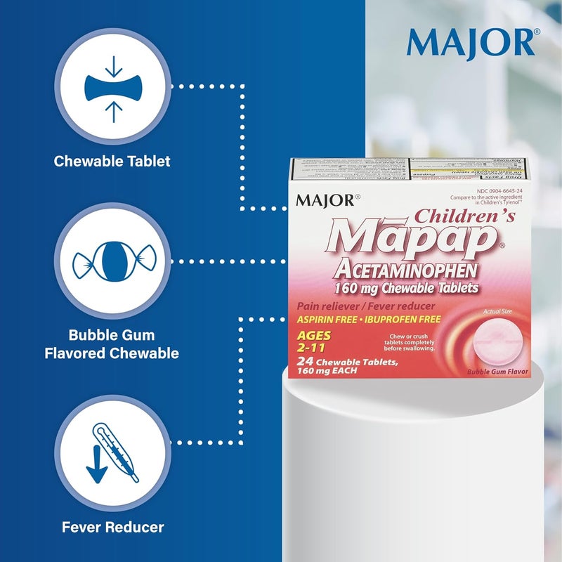 MAJOR Childrens Mapap Acetaminophen 160 mg Chewable Tablets  Pain RelieverFever Reducer  Aspirin Free  Ibuprofen Free  for Ages 2 to 1124 Count 1 Pack - Image 3