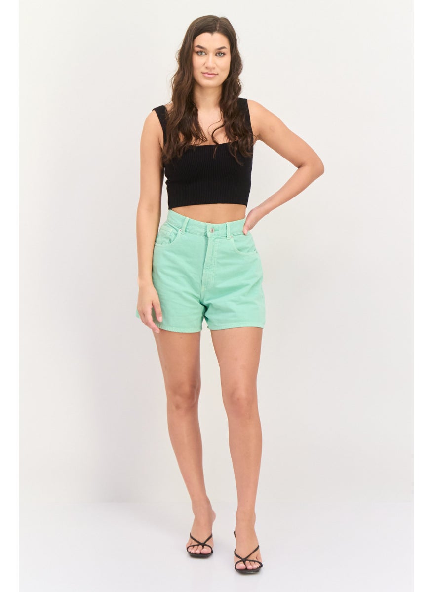 Bershka Women Solid Denim Shorts, Green  - Image 4