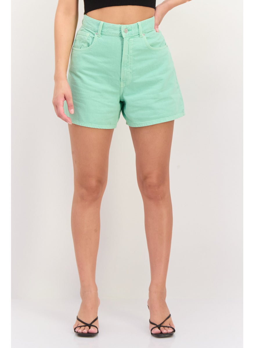 Bershka Women Solid Denim Shorts, Green  - Image 1