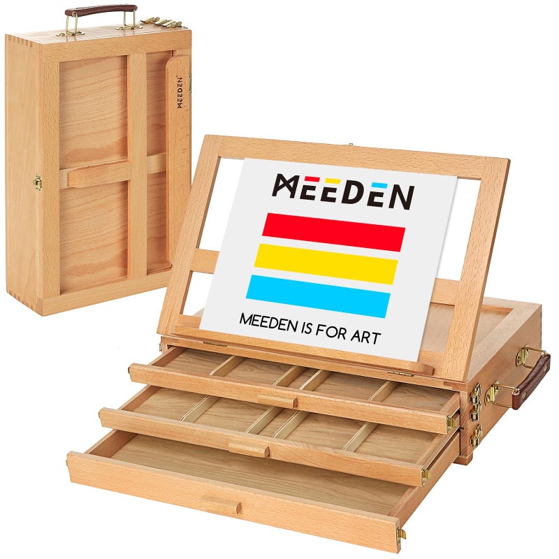 MEEDEN Large Adjustable Artist Tabletop Sketchbox Easel MultiFunction Solid Beech Wood Storage Box Easel with 3Drawer for Artist Art Students Beginners