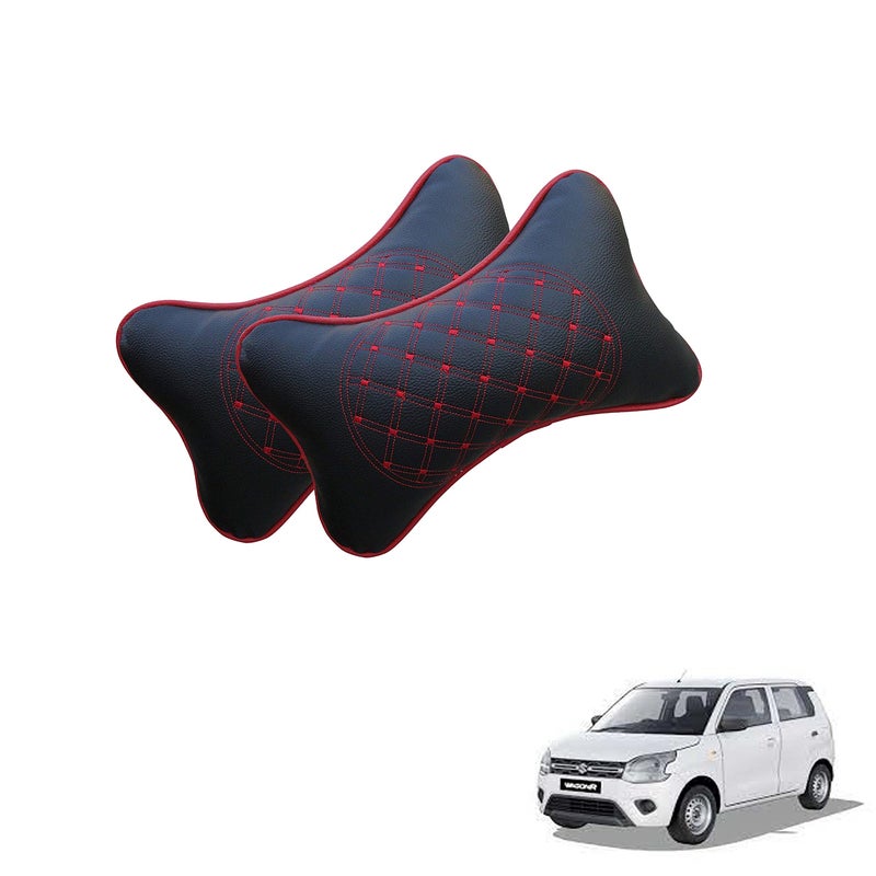 NikrokZ Car Neck Rest Pillow, Cushion Neck Support Compatible with Wagon R (Black & Red, Set of 2)
