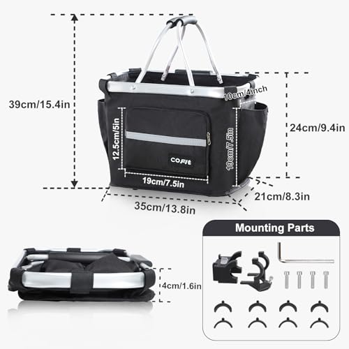 COFIT Detachable Bike Basket Front, Foldable Bicycle Dog Carrier for Small Pet, Shopping, Commuting, Camping and Outdoor Cargo Bag with Side Pouches, Black - Image 4