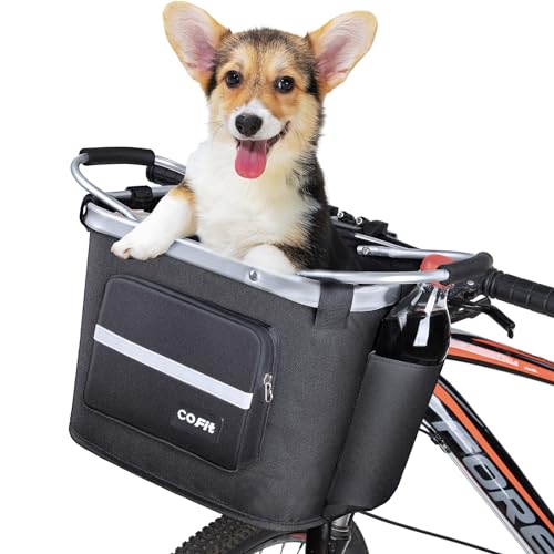 COFIT Detachable Bike Basket Front, Foldable Bicycle Dog Carrier for Small Pet, Shopping, Commuting, Camping and Outdoor Cargo Bag with Side Pouches, Black - Image 1