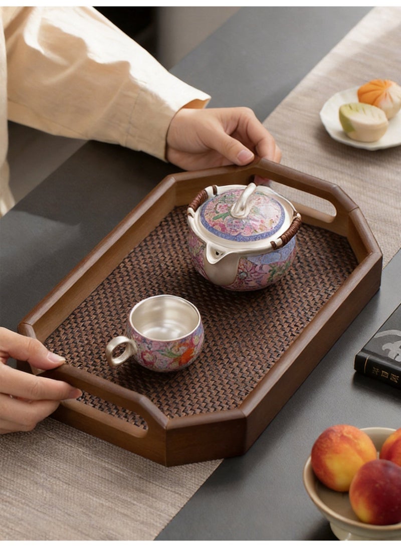 Vonqu Set of 2 Wooden Serving Trays with Detachable Placemat, Bamboo Tea & Coffee Tray with Handles, Multipurpose Breakfast Drink and Snack Tray for Dining, Kitchen & Home Décor - Image 2