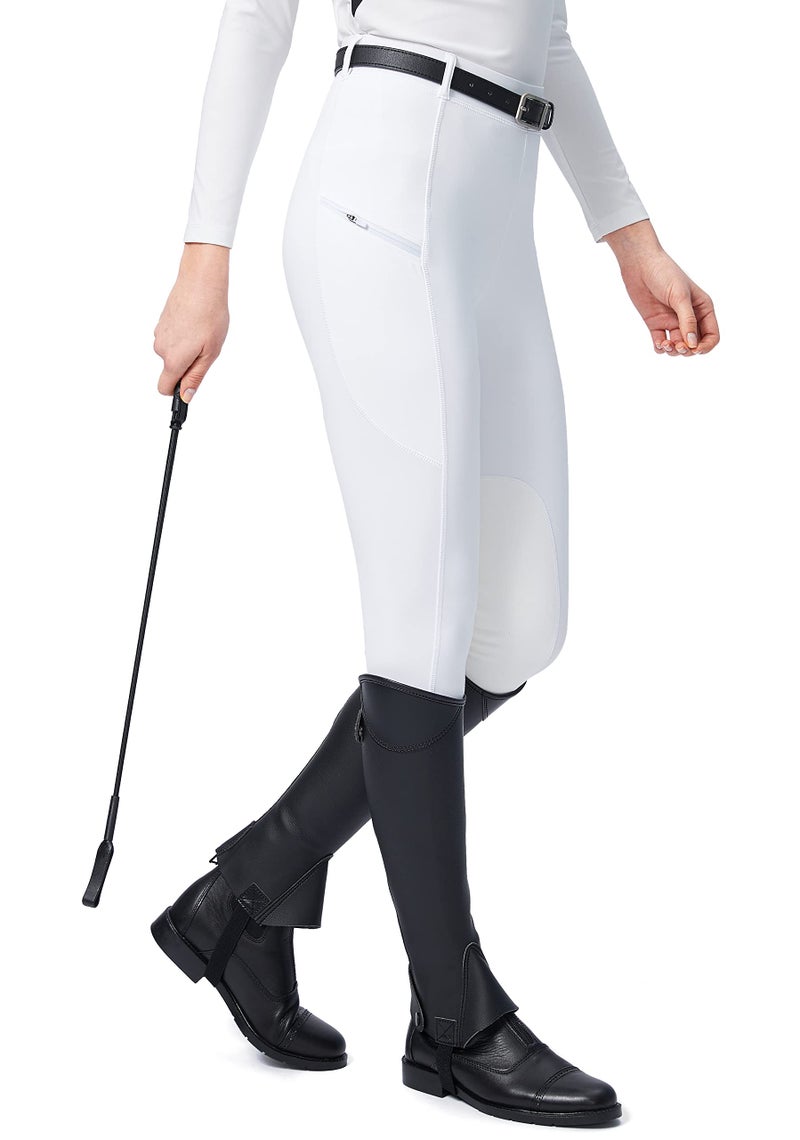SANTINY Women's Horse Riding Pants with Zipper Pockets Knee-Patch Schooling Tights Equestrian Breeches for Women (White_M) - Image 2