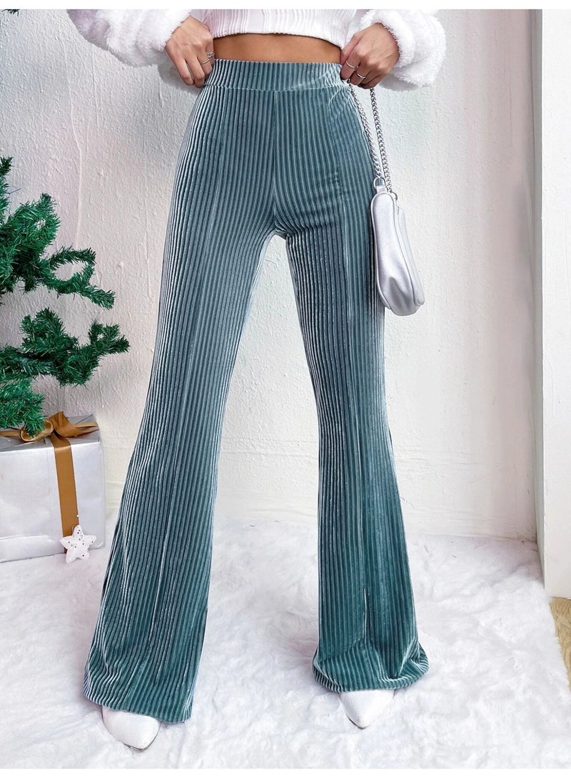 general Women's Solid Color High Waist Slim Small Bell Bottoms Corduroy Casual Pants - Image 1
