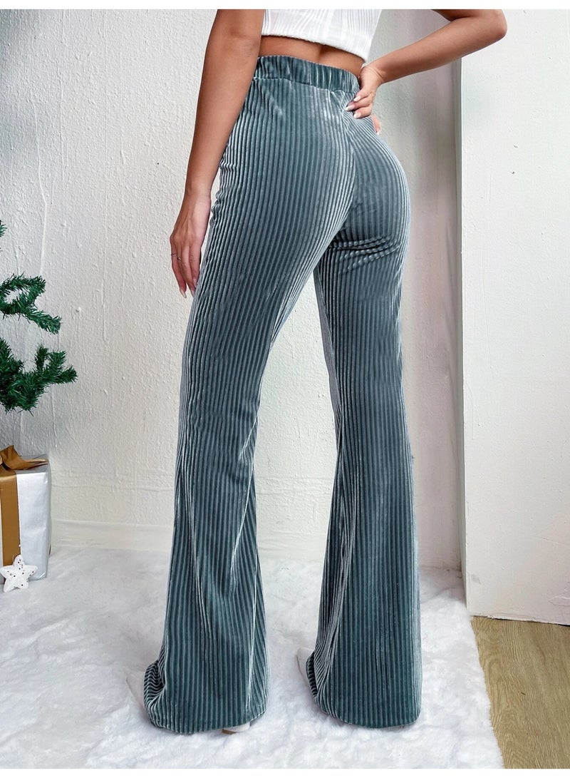 general Women's Solid Color High Waist Slim Small Bell Bottoms Corduroy Casual Pants - Image 2