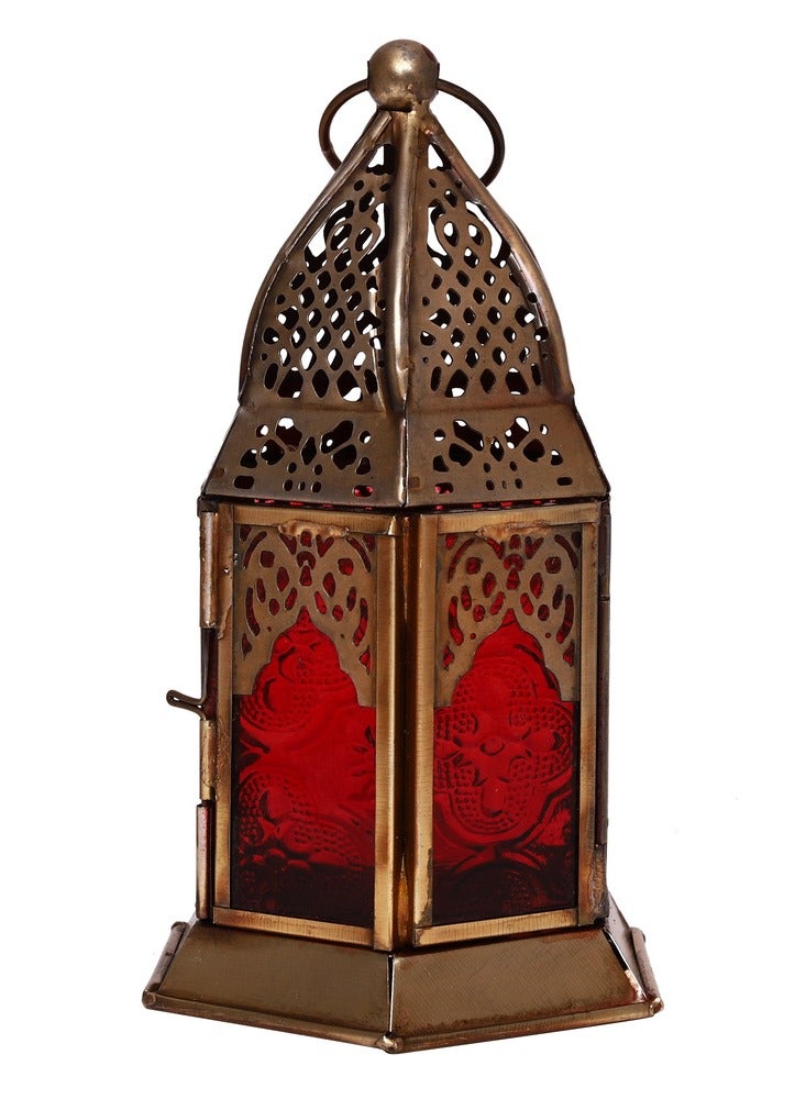 HILALFUL Handmade Decorative Candle Lantern, Small | Suitable for Indoor & Outdoor Décor | Moroccon Arabian Style | For Home Decoration in Ramadan, Eid | Iron | Islamic Gift | Red Glass - Image 1
