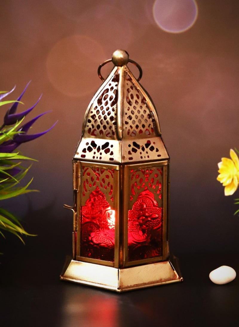 HILALFUL Handmade Decorative Candle Lantern, Small | Suitable for Indoor & Outdoor Décor | Moroccon Arabian Style | For Home Decoration in Ramadan, Eid | Iron | Islamic Gift | Red Glass - Image 2