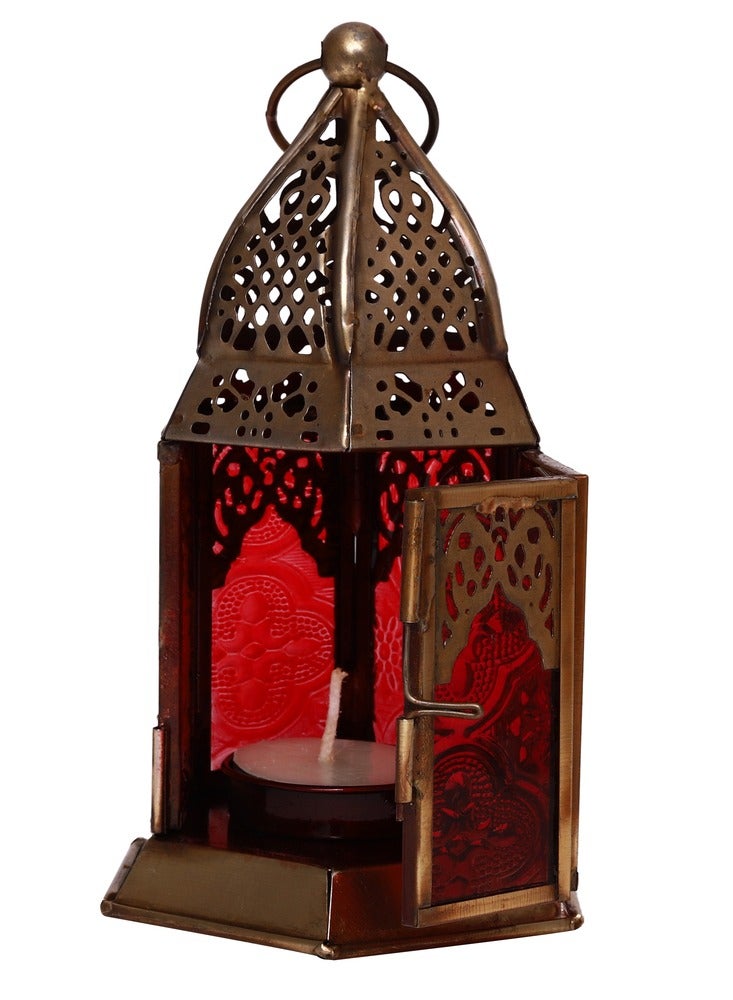 HILALFUL Handmade Decorative Candle Lantern, Small | Suitable for Indoor & Outdoor Décor | Moroccon Arabian Style | For Home Decoration in Ramadan, Eid | Iron | Islamic Gift | Red Glass - Image 3