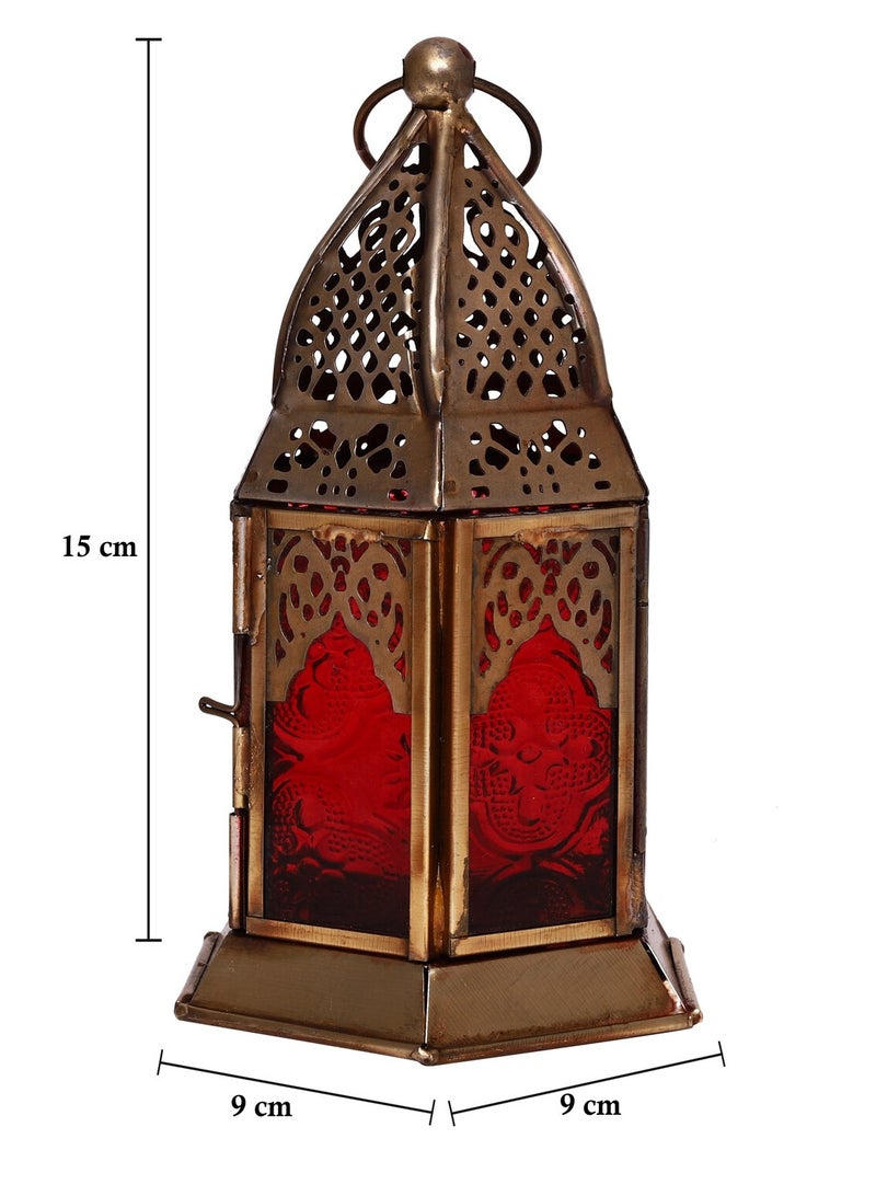 HILALFUL Handmade Decorative Candle Lantern, Small | Suitable for Indoor & Outdoor Décor | Moroccon Arabian Style | For Home Decoration in Ramadan, Eid | Iron | Islamic Gift | Red Glass - Image 4