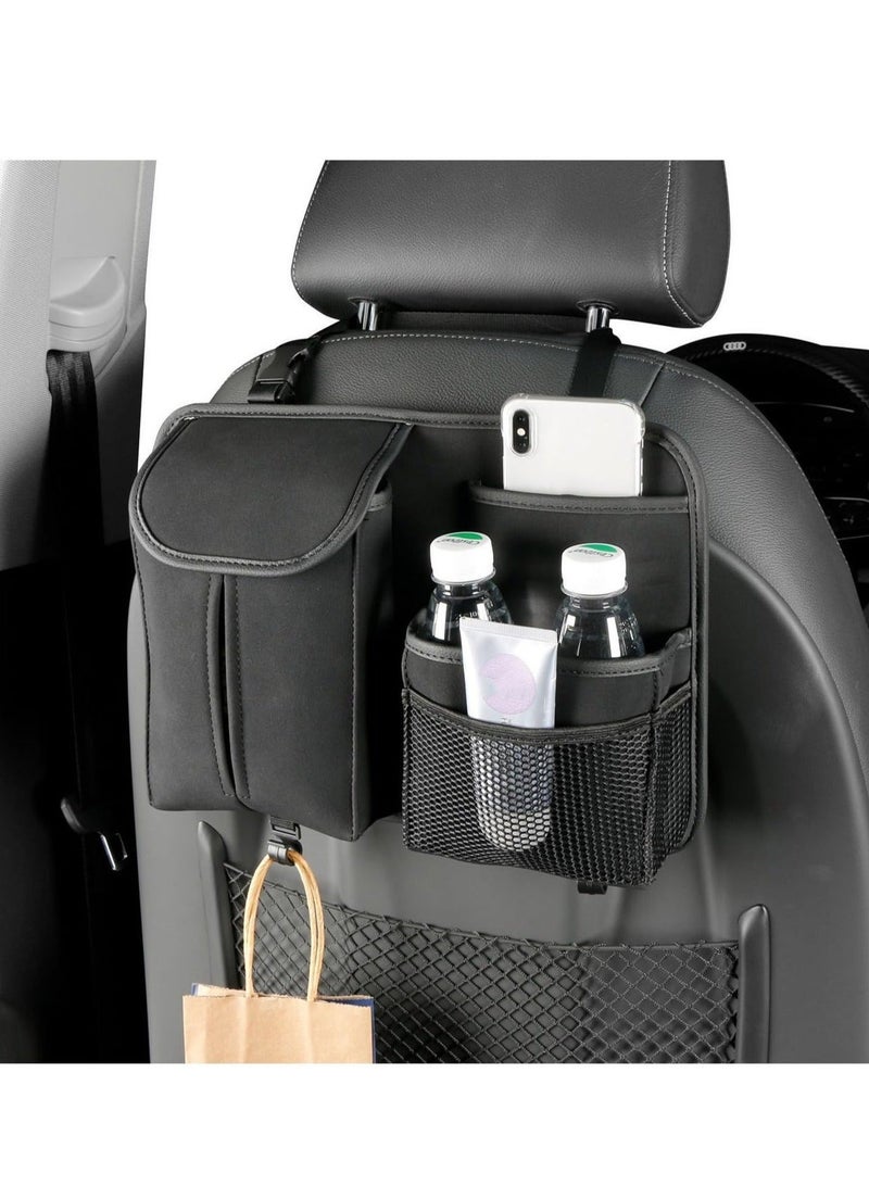 كابتن تيك Car Back Seat Organizer, Multi-Pockets Leather Automotive Organizer with Tissue Box, Durable Hanging Front Seat Storage Box with Hooks, Universal Vehicle Travel Accessories (Black) - Image 1