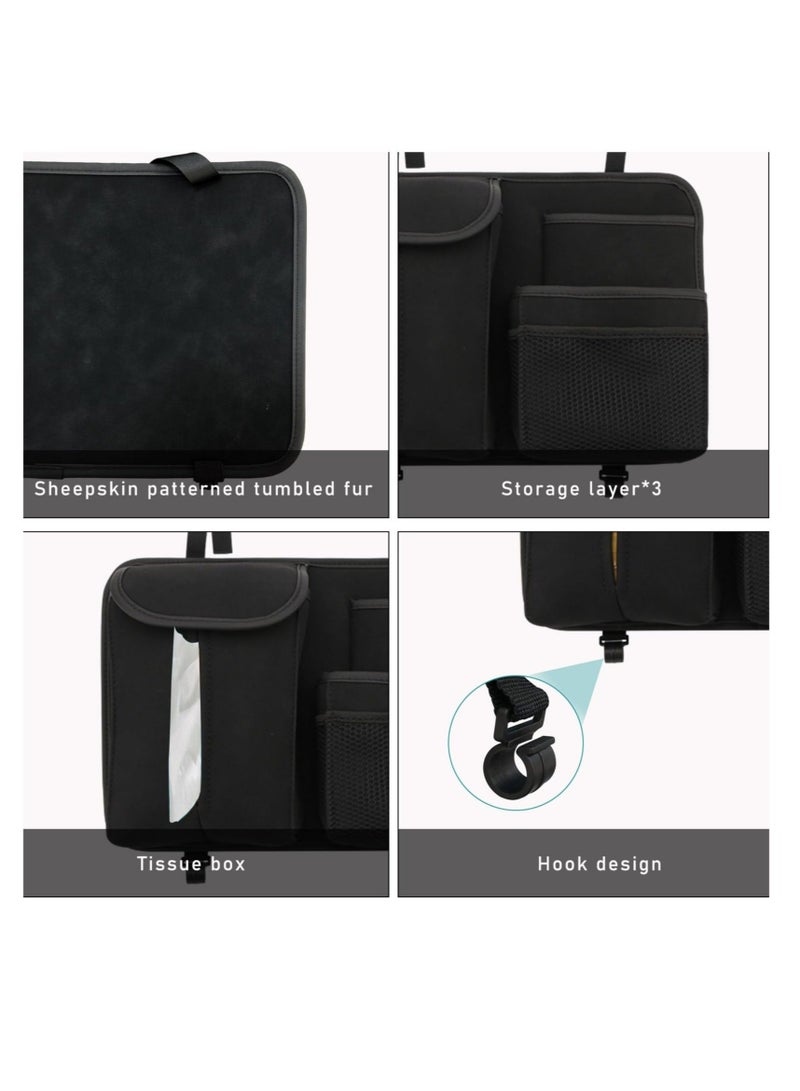 كابتن تيك Car Back Seat Organizer, Multi-Pockets Leather Automotive Organizer with Tissue Box, Durable Hanging Front Seat Storage Box with Hooks, Universal Vehicle Travel Accessories (Black) - Image 3
