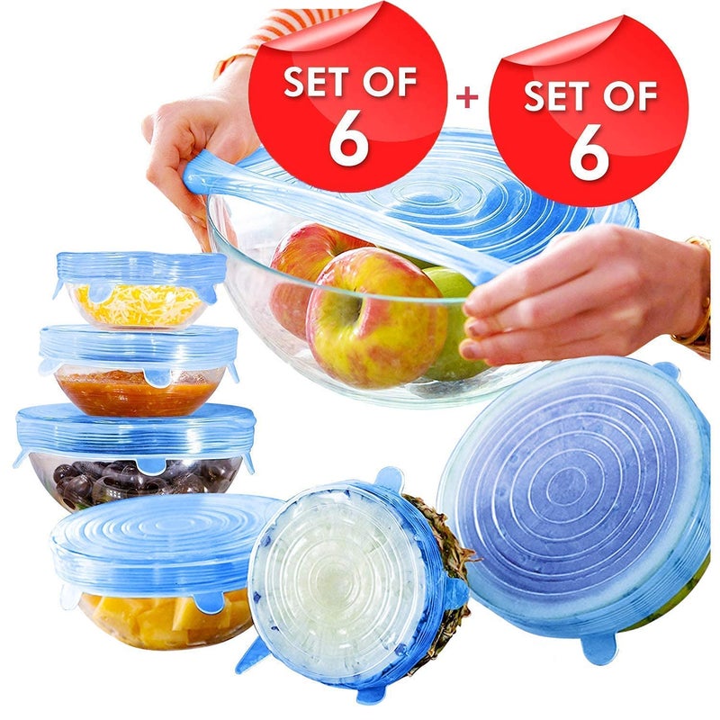 MOREL 12 PCS REUSABLE SILICONE STRETCH LIDS, DURABLE FOOD STORAGE COVERS FOR BOWLS, FIT DIFFERENT SIZES & SHAPES OF CONTAINER, DISHWASHER & FREEZER SAFE, BLUE AND WHITE (6 PCS + 6 PCS = 12 PCS) - Image 3