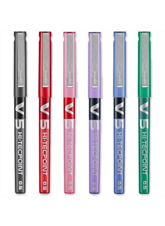 PILOT V5 Hi-Tecpoint Rollerball Pen - Fine 0.5mm Nib Tip - 0.3mm Line Width - Pack of 6 - Black, Blue, Red, Green, Violet & Pink - Image 1