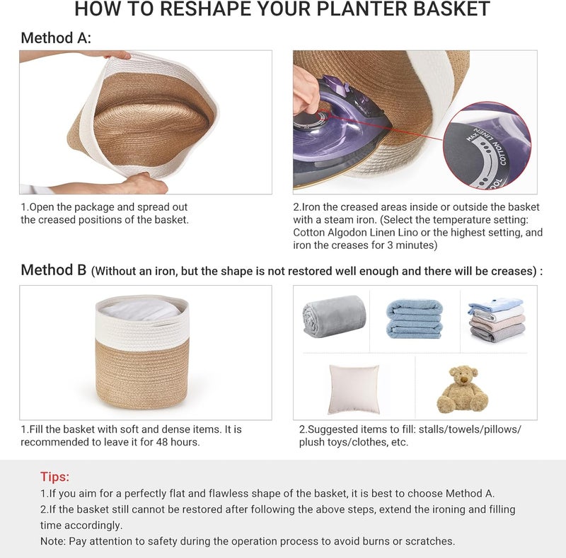 Dahey Jute Spliced Cotton Rope Plant Basket Modern Woven Storage Basket for 12" Floor Indoor Planter, Decorative Flower Pots Cover Laundry Bin with Handle Rustic Home Decor, White and Beige - Image 4