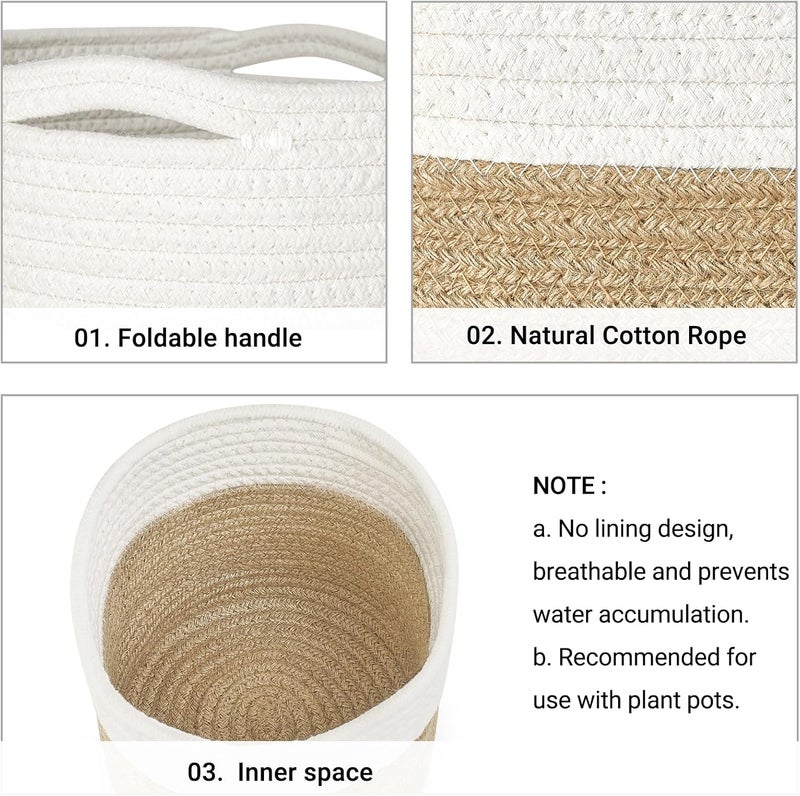Dahey Jute Spliced Cotton Rope Plant Basket Modern Woven Storage Basket for 12" Floor Indoor Planter, Decorative Flower Pots Cover Laundry Bin with Handle Rustic Home Decor, White and Beige - Image 5