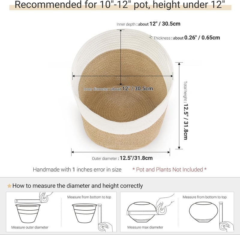 Dahey Jute Spliced Cotton Rope Plant Basket Modern Woven Storage Basket for 12" Floor Indoor Planter, Decorative Flower Pots Cover Laundry Bin with Handle Rustic Home Decor, White and Beige - Image 2