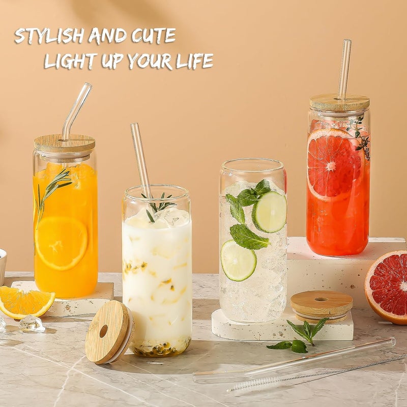 SENTVEND 20 Oz Drinking Glasses with Bamboo Lids and Glass Straw - 8 Pcs Glass Cups Beer Ice Coffee Glasses Cute Aesthetic Cup Great for Coffee Bar Accessories Include 2 Cleaning Brushes - Image 3