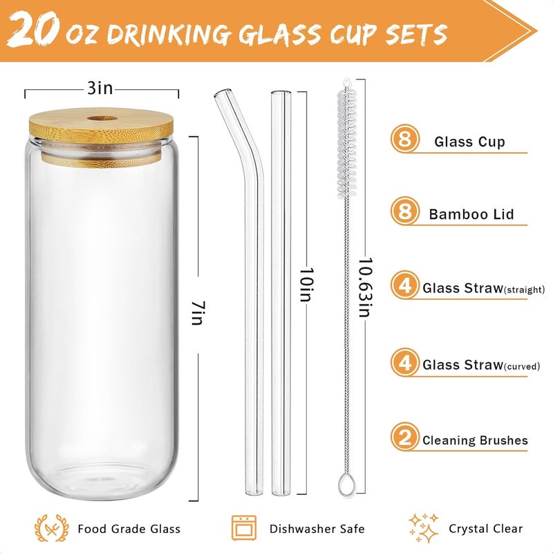 SENTVEND 20 Oz Drinking Glasses with Bamboo Lids and Glass Straw - 8 Pcs Glass Cups Beer Ice Coffee Glasses Cute Aesthetic Cup Great for Coffee Bar Accessories Include 2 Cleaning Brushes - Image 2