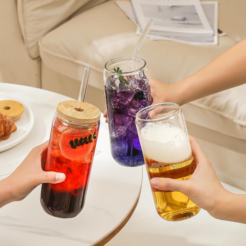 SENTVEND 20 Oz Drinking Glasses with Bamboo Lids and Glass Straw - 8 Pcs Glass Cups Beer Ice Coffee Glasses Cute Aesthetic Cup Great for Coffee Bar Accessories Include 2 Cleaning Brushes - Image 4