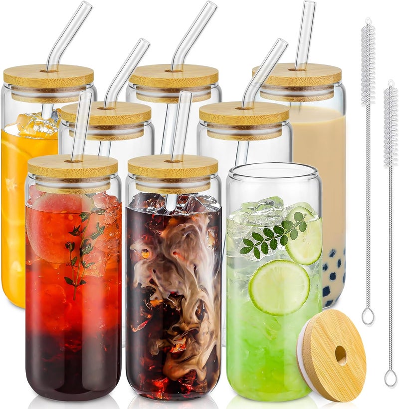 SENTVEND 20 Oz Drinking Glasses with Bamboo Lids and Glass Straw - 8 Pcs Glass Cups Beer Ice Coffee Glasses Cute Aesthetic Cup Great for Coffee Bar Accessories Include 2 Cleaning Brushes - Image 1