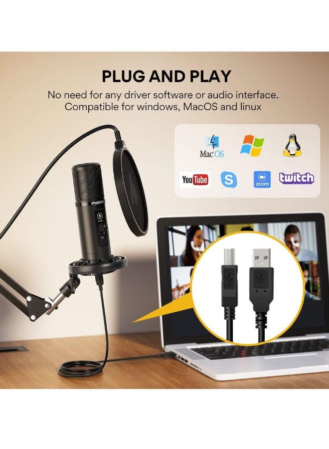 ماونو ميكروفون USB MAONO PM422 لأجهزة الكمبيوتر مع كتم الصوت والتحكم في مستوى الصوت للاستخدامات المتعددة، والتسجيل في الاستوديو، والتدوين الصوتي، والألعاب، والبث المباشر على Twitch وYouTube، أحادي الاتجاه، أسود - Image 3