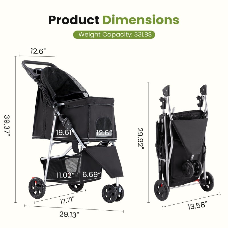 DUMOS 3 Wheels Pet Stroller for Small Dogs and Cats â€“ Foldable Dog Stroller with Mesh Windows, Storage Basket & Cup Holder, Lightweight & Durable Pet Carrier for Travel, Outdoor Use â€“ Black - Image 3
