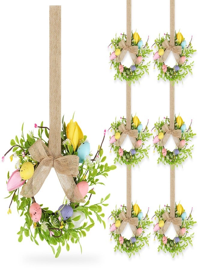 HEYTIMI 6 Pcs 9" Small Easter Wreaths for Kitchen Cabinet, Mini Spring Artificial Easter Egg Wreath Floral Decorations with Rustic Bow for Window, Front Door, Table Centerpiece Decor - Image 1