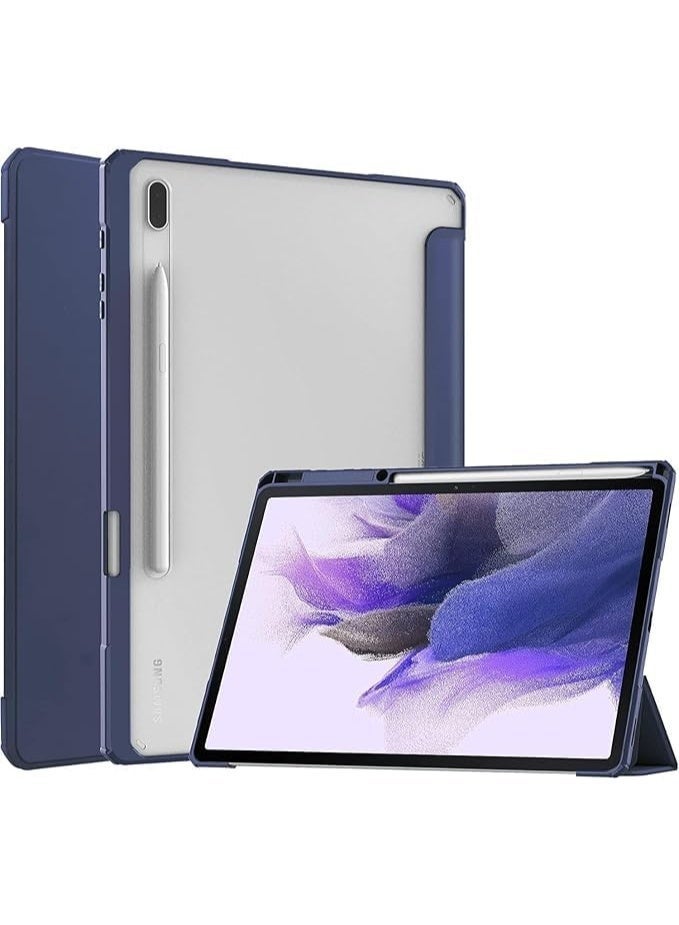 جراب متوافق مع جهاز سامسونج جالاكسي تاب إس 8 بلس 2022/تاب إس 7 إف إي 2021/تاب إس 7 بلس 2020 الجديد مقاس 12.4 بوصة، مزود بحامل قلم مدمج، ولجهاز تاب إس 9 إف إي+/إس 9 بلس/إس 10+ مقاس 12.4 بوصة مع غطاء خلفي صلب شفاف (أزرق). - Image 1