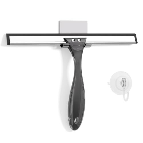 AmazerBath Shower Squeegee for Glass Doors AllPurpose Squeegee with Suction Hook Adhesive Hook Squeegee for Shower Glass Windows Mirrors Tiles and Car Windows 10 Inches Clear Black