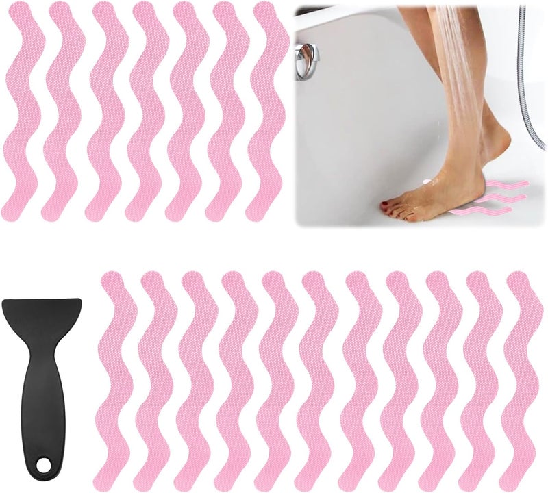 Coufce 24PCS Bathtub Non Slip Stickers Pink Safety Anti Slip Shower Strips Adhesive Decals Scraper for Bath Tub Stairs Steps Floor Ladders with Premium - Image 1
