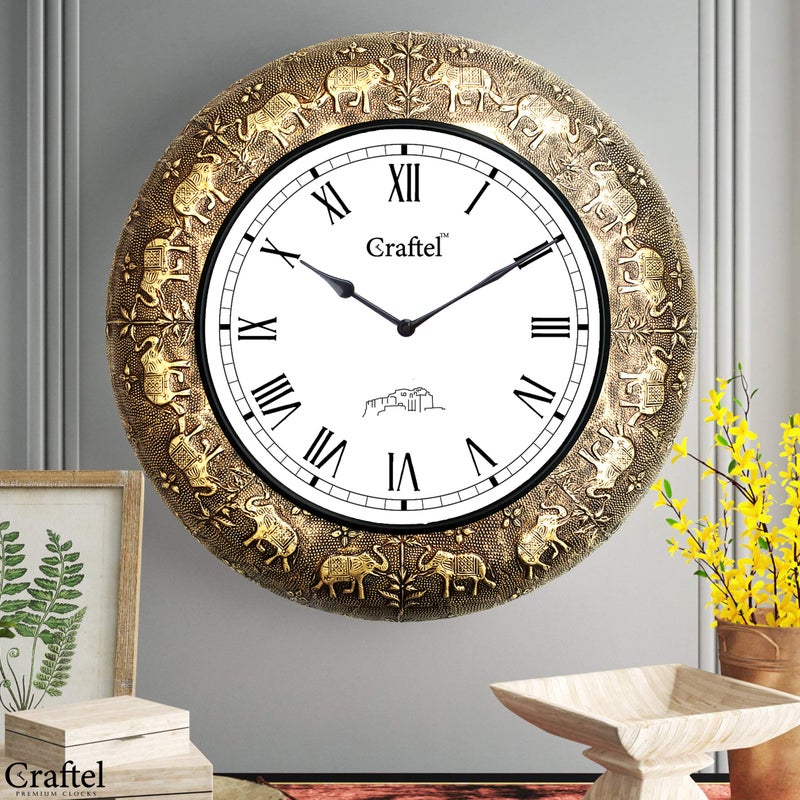 CRAFTEL Brass Embossed Roman Dial Analog Wall Clock Handcrafed Antique Clock For Bedroom Living Room Home And Office (18 Inch, Gold) - Image 2