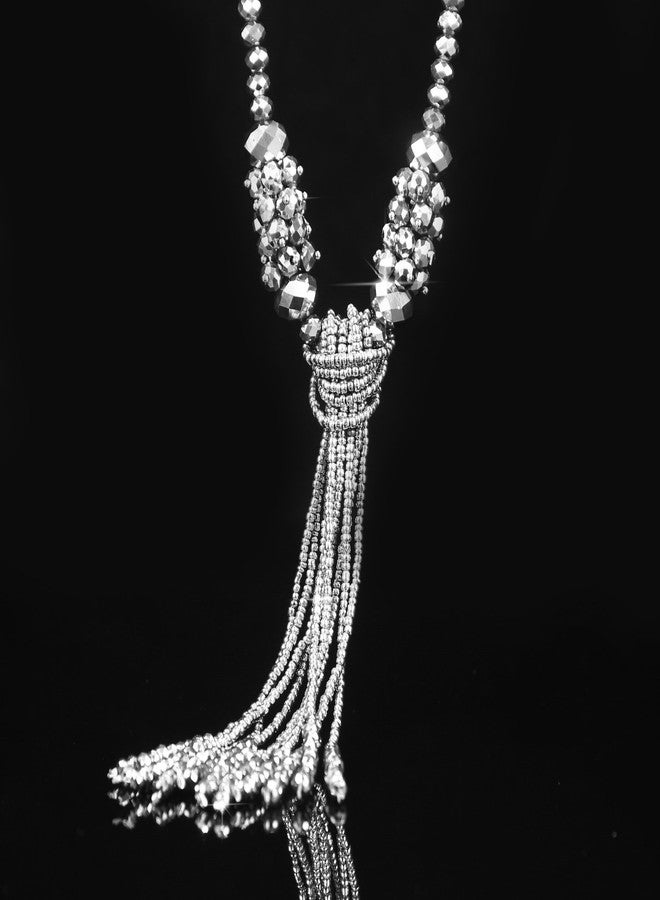 BaubleStar Silver Rhinestone Crystal Long Beaded Tassel Necklace for Women Bead Chain Tassel Knot Statement Y Necklace Fashion Jewelry - Image 3