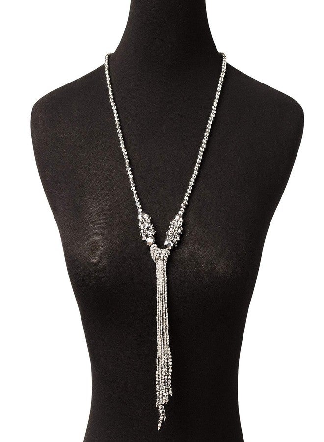 BaubleStar Silver Rhinestone Crystal Long Beaded Tassel Necklace for Women Bead Chain Tassel Knot Statement Y Necklace Fashion Jewelry - Image 2