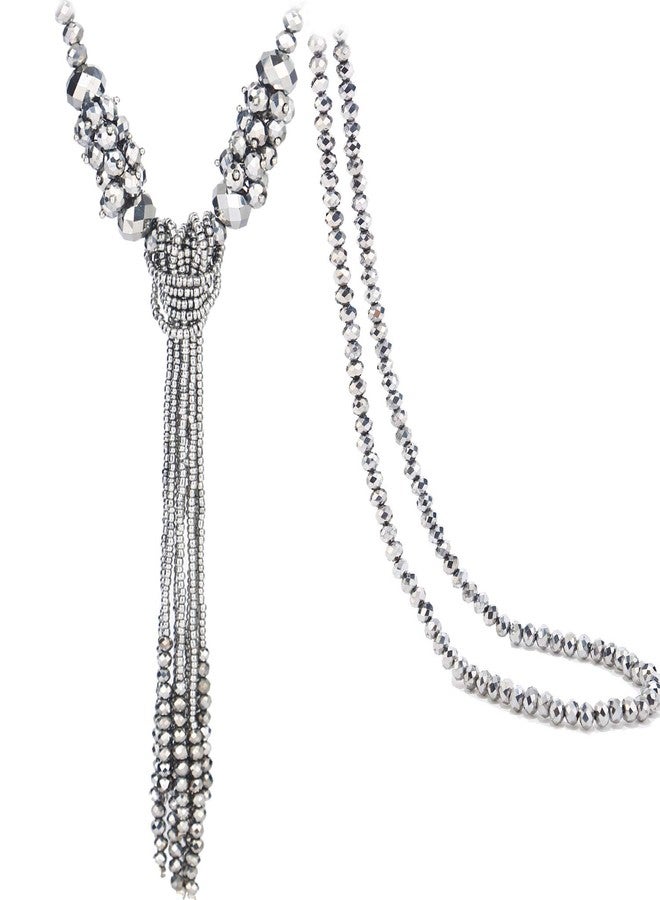 BaubleStar Silver Rhinestone Crystal Long Beaded Tassel Necklace for Women Bead Chain Tassel Knot Statement Y Necklace Fashion Jewelry - Image 1