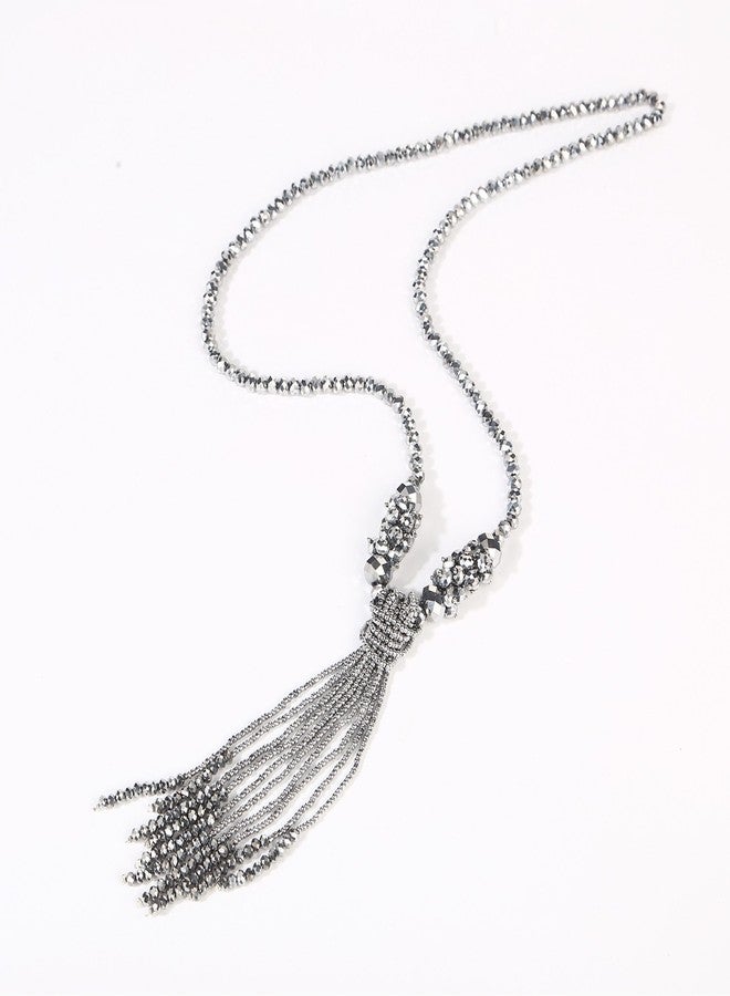 BaubleStar Silver Rhinestone Crystal Long Beaded Tassel Necklace for Women Bead Chain Tassel Knot Statement Y Necklace Fashion Jewelry - Image 5