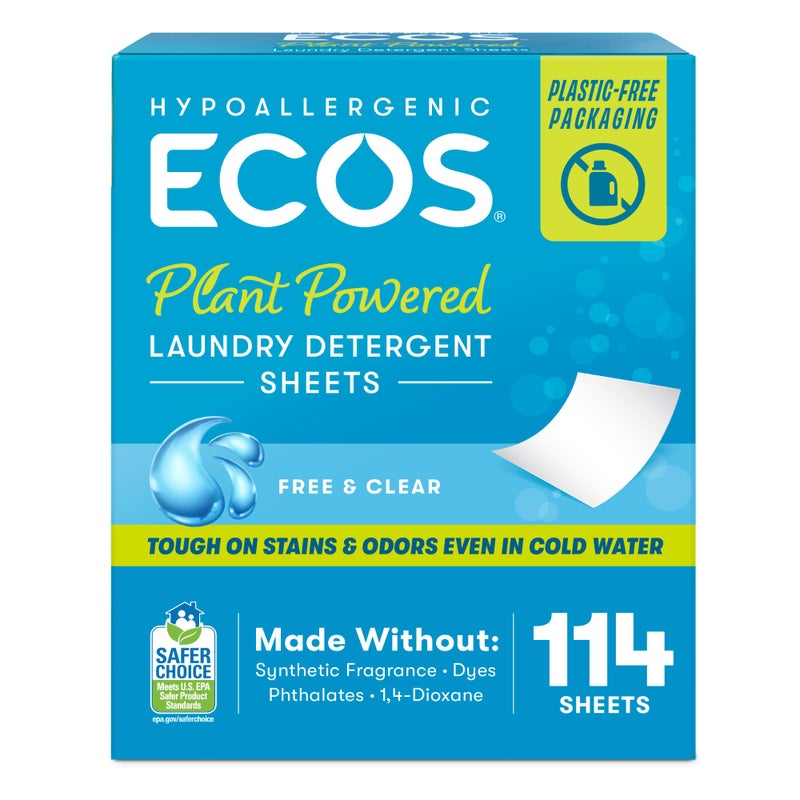 ECOS Laundry Detergent Sheets Vegan, No Plastic Jug, No Mess & Liquid Free - Hypoallergenic, Plant Powered Laundry Detergent Sheet â€“ Free and Clear - 114 Count (Pack of 1) - Image 1
