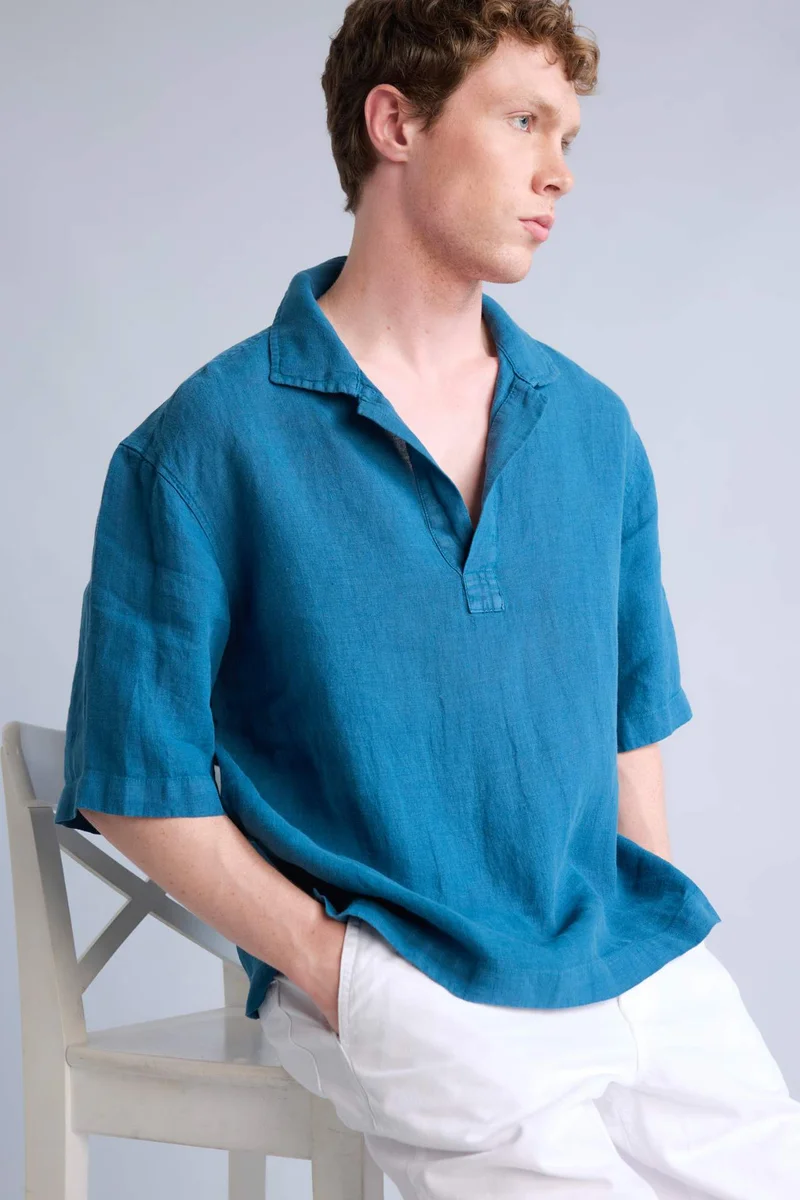 Regular Fit Polo Collar 100% Linen Shirt