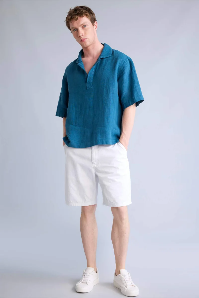 Defacto  Regular Fit Polo Collar 100% Linen Shirt for Men | Best Price UAE