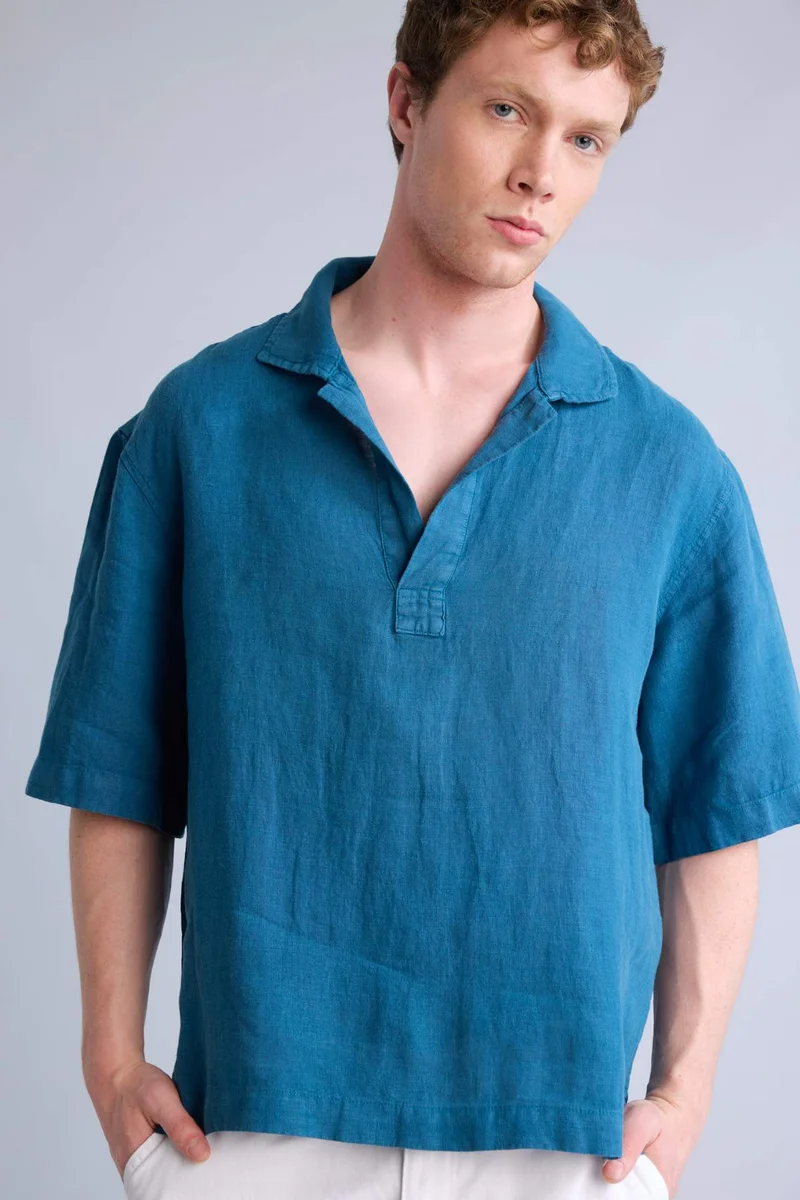 Defacto  Regular Fit Polo Collar 100% Linen Shirt for Men | Best Price UAE