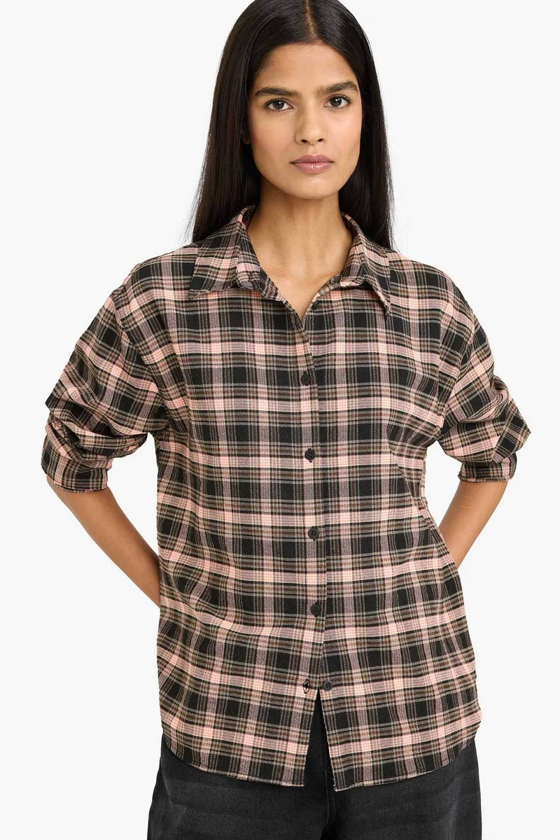 DeFacto Oversize Fit Shirt Collar Flanel Plaid Long Sleeve Shirt