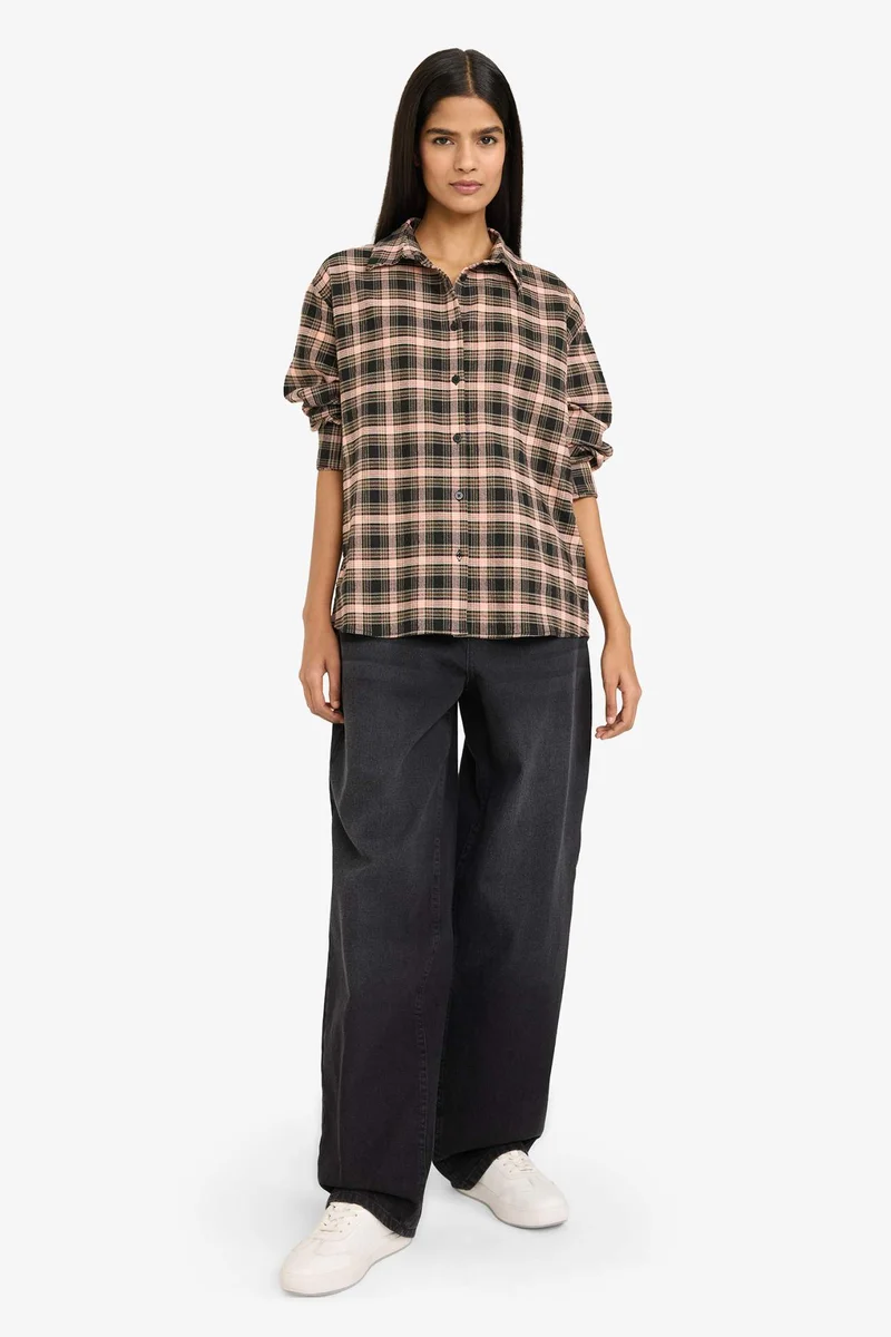 DeFacto Oversize Fit Shirt Collar Flanel Plaid Long Sleeve Shirt
