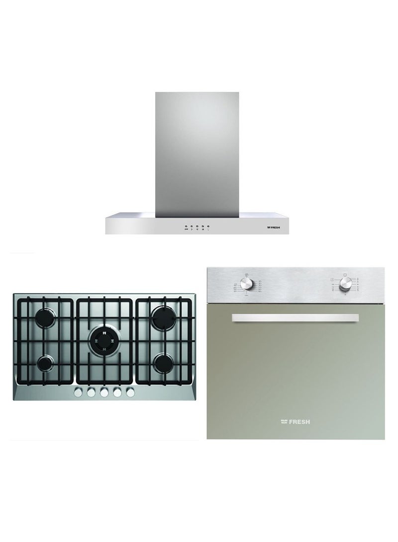 Fresh Set of Fresh Built-in Gas Hob, 90 cm, 5 Burners, Stainless Steel - HAFR90CMSC1, with Built-in Gas Oven with Grill, 56 L, Stainless Steel - 9652, with Built-in Hood with Chimney, 90 cm, Stainless Steel - 16045 - Image 1