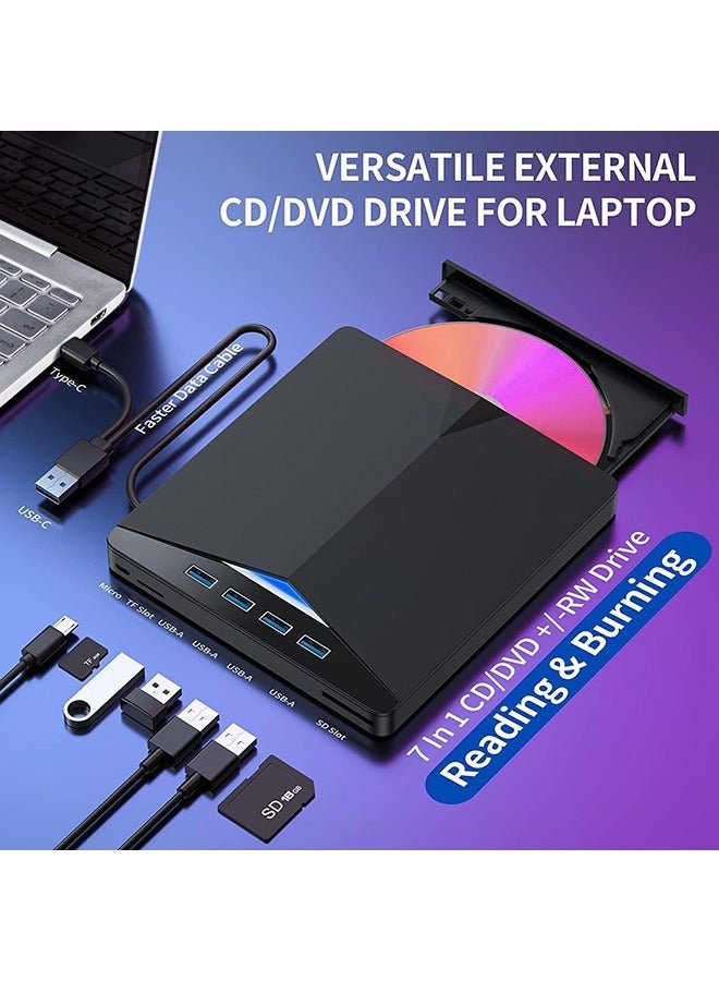 general 7 in 1 External DVD Drive，USB 3.0 & Type-C CD/DVD Drive with USB-A HUB+SD/TF Card Reader, Portable CD/DVD +/-RW Disk Drive, CD/DVD Burner CD ROM Drive for PC Windows 7/8/10/XP Mac Linux - Image 2